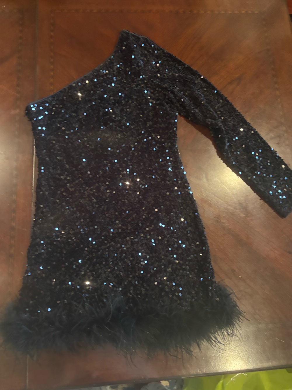Fashion Nova Giada Sequin Mini Dress Womens M Black One Shoulder Feather Trim